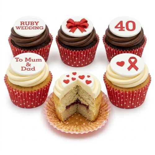 Red and white personalised celebration cupcakes with custom age and message toppers.