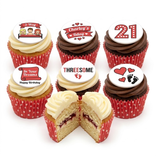 Six adult-themed cupcakes with various funny and suggestive edible toppers, including a custom age example.