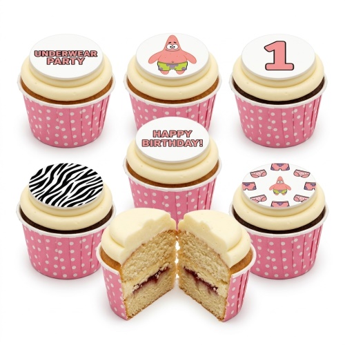 Patrick Star themed birthday cupcakes with "Underwear Party", "Happy Birthday!", and number 1 toppers.