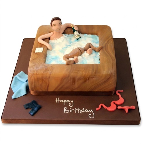 Novelty hot tub birthday cake with a man, champagne bottle, and bubbles.