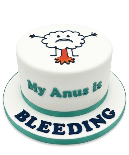White single-tier cake with a sad cloud character and explicit humorous message.