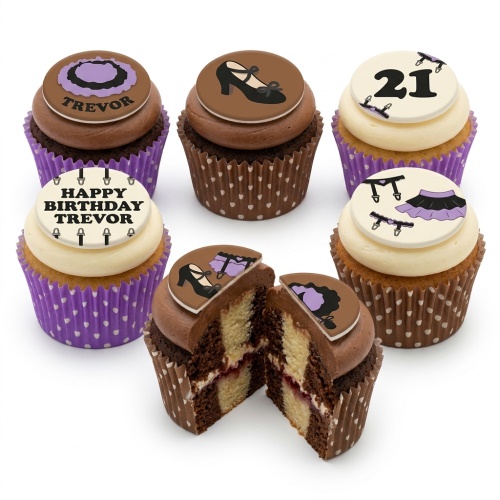 Assortment of adult-themed birthday cupcakes with high heel, garter, and custom age toppers.