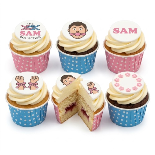 Six cupcakes with white frosting and novelty adult-themed toppers, including a gagged face, tied fists, a collection logo, a custom name, and pink flowers.