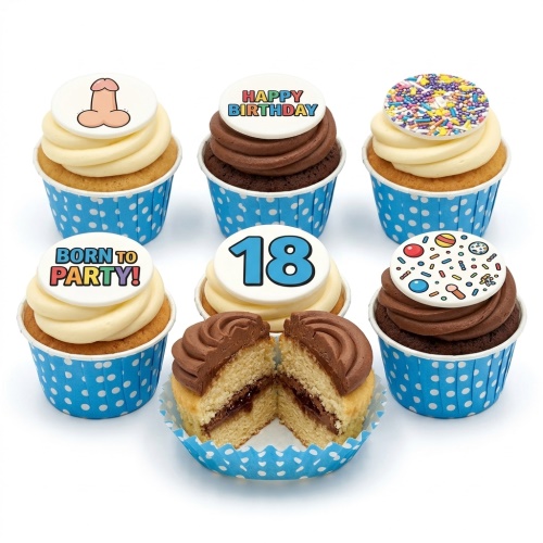 Six cupcakes with blue polka dot wrappers, vanilla and chocolate icing, topped with 'Happy Birthday', 'Born to Party!', sprinkles, a cheeky adult design, and the number 18.
