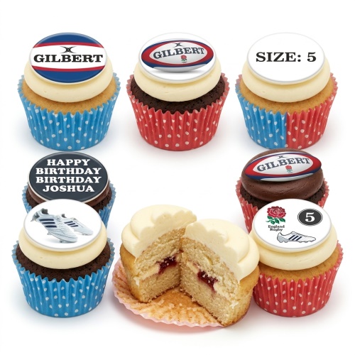 Assortment of rugby themed birthday cupcakes with Gilbert and England Rugby toppers, and rugby boots.