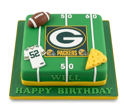Square green cake decorated as a football field with Green Bay Packers logo, football, jersey, and cheese wedge.