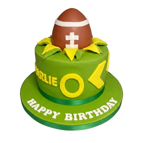 Green American football birthday cake with 3D football topper and custom age.