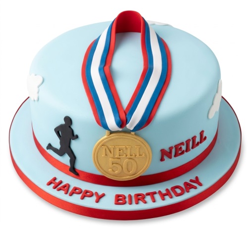 Light blue round cake with a gold medal, red white and blue ribbon, and black runner silhouette.