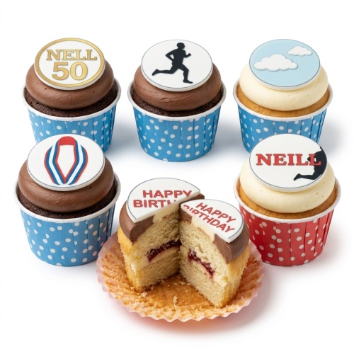 Six cupcakes with chocolate and vanilla frosting, topped with edible discs featuring a runner silhouette, a medal, clouds, and 'Happy Birthday' text.