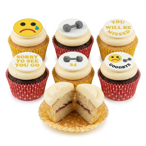 Cupcakes with cream frosting, edible crying emoji, dumbbell toppers, and farewell messages.