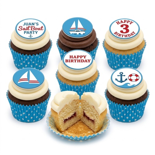 Sailing theme cupcakes with boats, anchor, lifebuoy, and custom age topper in blue and white wrappers.