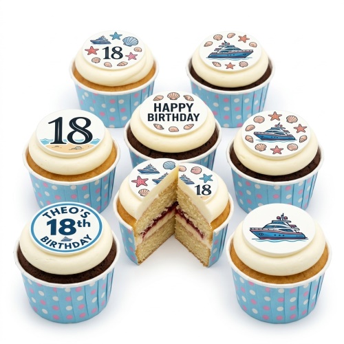 Assortment of yacht and sea-themed birthday cupcakes with custom age toppers and 'Happy Birthday' message.