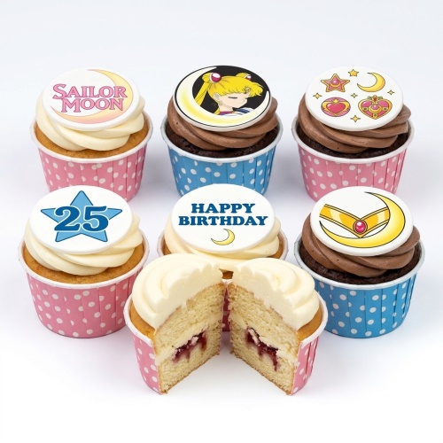 A selection of Sailor Moon themed cupcakes with vanilla and chocolate frosting, featuring various edible toppers including Sailor Moon character, logo, symbols, a 'Happy Birthday' message, and a '25' age topper in a star.