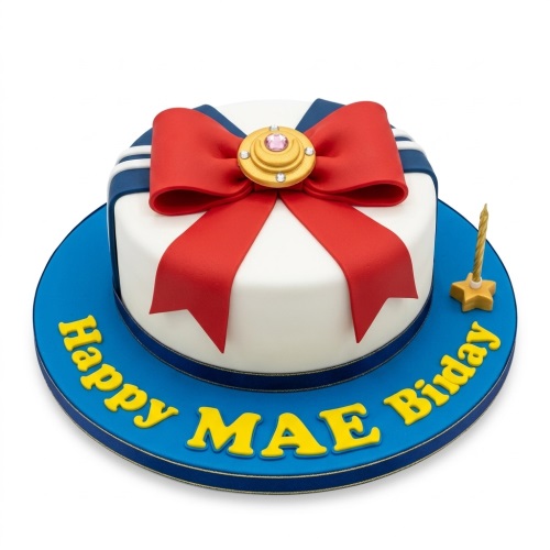 Round white fondant cake with a large red bow and gold brooch, on a blue board with a custom message and a gold candle.