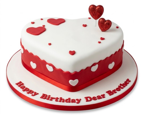 Heart-shaped birthday cake with red and white fondant, decorated with various heart toppers and a custom message.