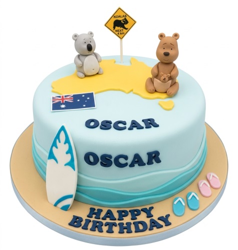 Round light blue birthday cake with a yellow map of Australia, koala and kangaroo figures, Australian flag, surfboard, and flip-flops.