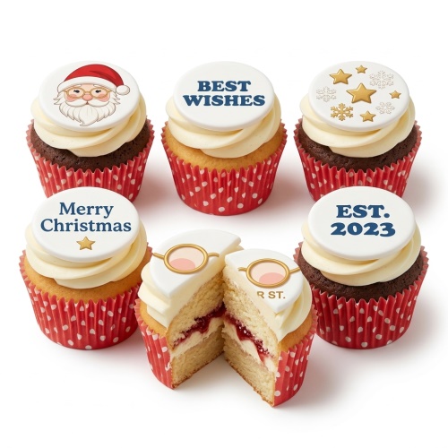 Assortment of Christmas themed cupcakes with Santa, snowflakes, stars, and festive messages.