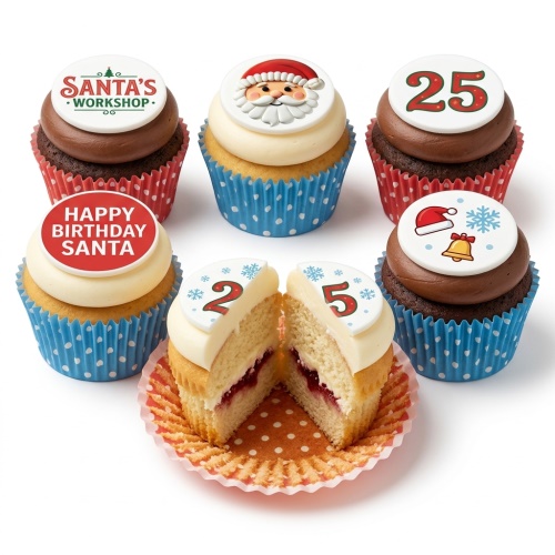 Christmas cupcakes with Santa, Santa's Workshop, and "25" toppers, in red and blue cases.