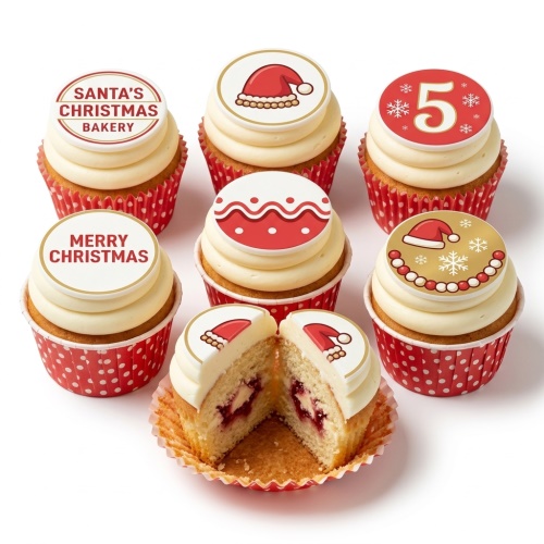 Christmas cupcakes with Santa hat, snowflake, and festive pattern toppers in red and white wrappers.