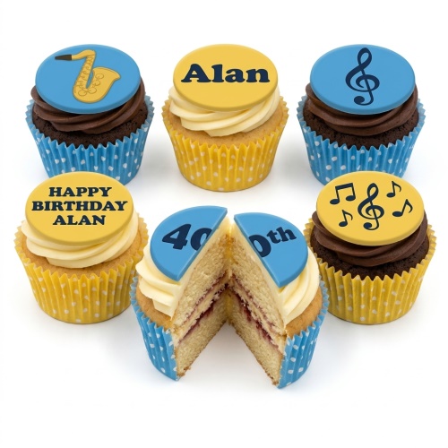 Six cupcakes with music and birthday themed toppers. Features saxophone, musical notes, and custom age/name examples.