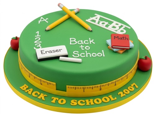 Round green fondant cake decorated with yellow pencils, red apples, books, eraser, and 'Back to School' text.