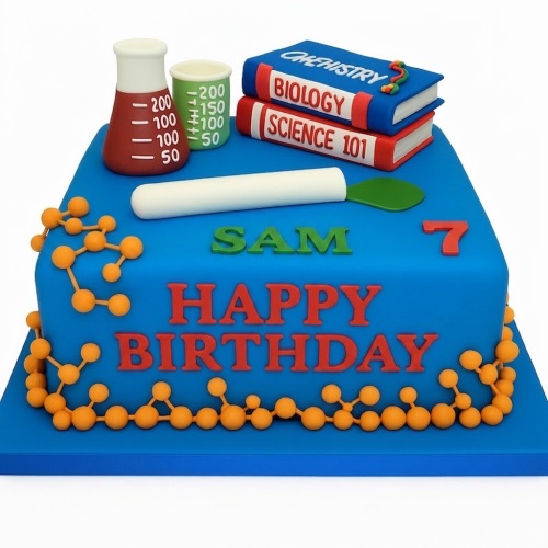 Blue square birthday cake with science books, beakers, and orange molecular decorations.