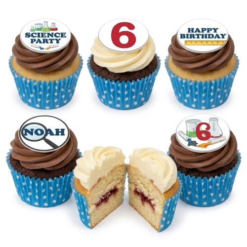 Cupcakes with science-themed toppers, including beakers, test tubes, a magnifying glass, and a custom age number.