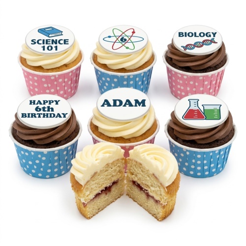 Science-themed birthday cupcakes with edible toppers featuring atom, book, DNA, and beakers, in pink and blue cases.