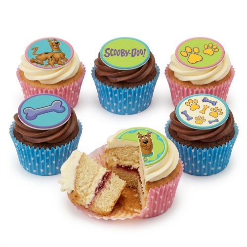 Set of Scooby-Doo themed cupcakes with character, logo, paw print, and bone toppers.