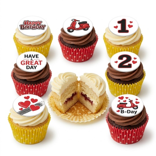 Assortment of red scooter and heart themed birthday cupcakes with custom age 1 and 2 toppers.