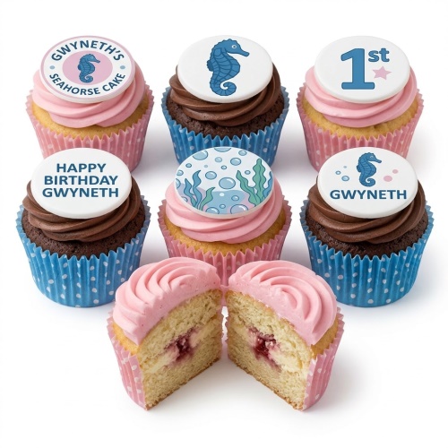 Seahorse theme cupcakes with pink and chocolate frosting, featuring under the sea decorations and custom age toppers.