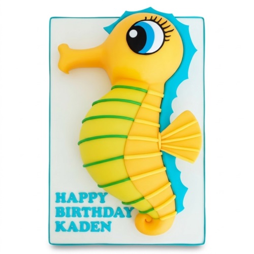 Yellow and green 3D seahorse birthday cake with blue wavy border and custom message.
