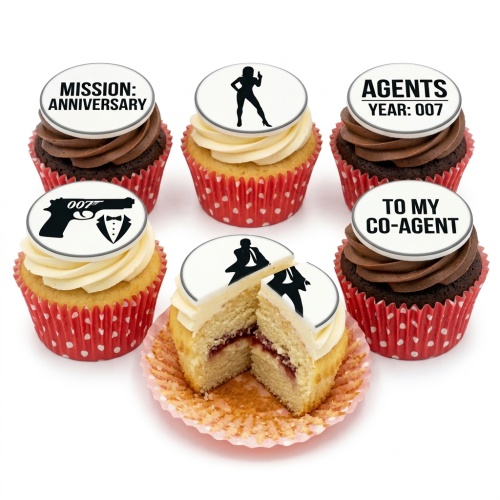 Six 007 secret agent themed cupcakes with black and white edible toppers, chocolate and vanilla frosting.