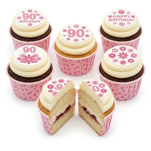 Pink floral birthday cupcakes with custom age toppers and polka dot wrappers.