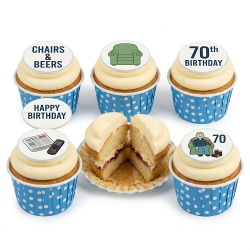 Cupcakes with white frosting and blue polka dot wrappers, topped with edible discs showing "CHAIRS & BEERS", a green armchair, "70th BIRTHDAY", a newspaper and remote, and a man sitting in an armchair with "70" and beers.