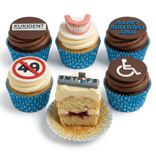 A selection of funny birthday cupcakes for men, featuring a denture, a pill organiser, a 'no 49' sign, a disability symbol, and a 'Happy Birthday Dad' message, in blue polka dot cases.