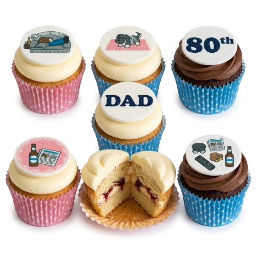 Birthday cupcakes for him with various toppers including a relaxing man, a dog, beer, and a newspaper, with a custom age '80th' and 'DAD' message.