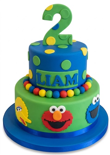 Two-tier Sesame Street themed birthday cake with Elmo, Cookie Monster, Big Bird, and custom age topper.