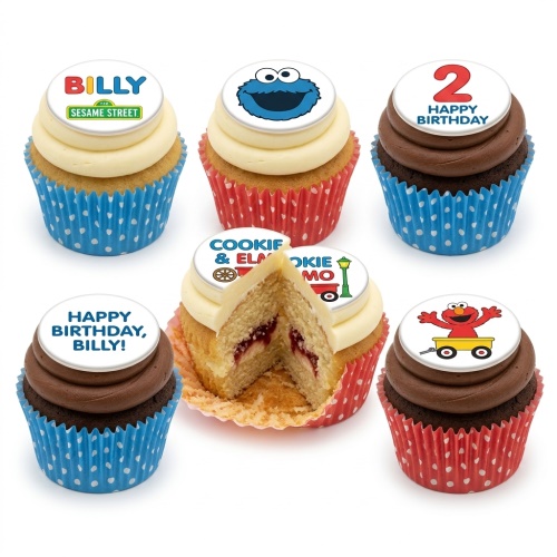 Sesame Street themed cupcakes with Cookie Monster, Elmo, and custom age/name toppers.