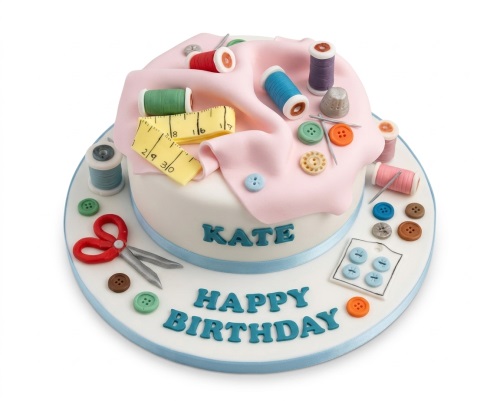 White round cake with pink fondant drape, edible sewing decorations like thread spools, buttons, scissors, and measuring tape.