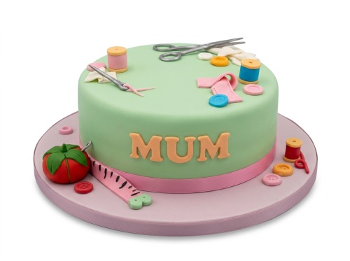 Round light green cake with edible sewing decorations including scissors, thread spools, buttons, and a tomato pincushion.