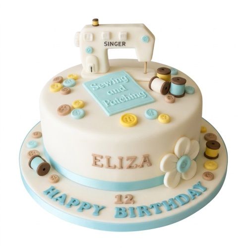 White round cake with a fondant sewing machine, spools of thread, buttons, and a custom age topper.