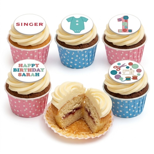 A collection of sewing-themed birthday cupcakes with custom age and personalised message toppers, featuring baby onesie and crafting designs.
