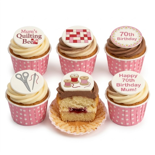 Six cupcakes with pink polka dot wrappers, white and chocolate frosting, and round edible toppers featuring quilting and sewing designs including scissors, thread spools, a quilt pattern, and custom age messages.