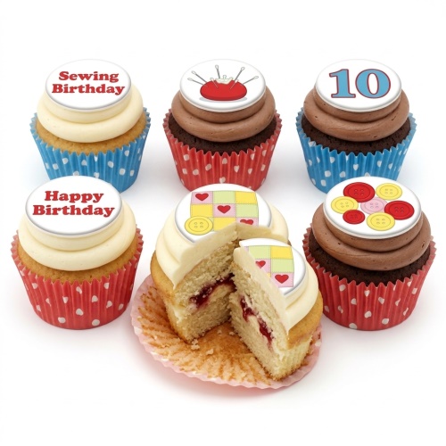 Six sewing theme birthday cupcakes with pincushion, buttons, quilt, Happy Birthday, and 10 toppers.