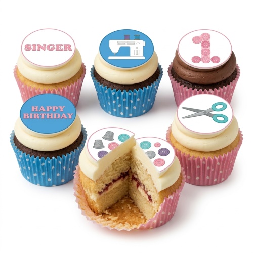 Six cupcakes with sewing machine, scissors, buttons, thimbles, and 'Happy Birthday' toppers.