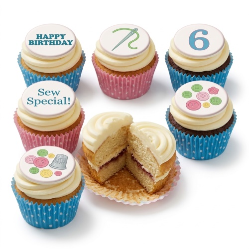 Cupcakes with sewing theme toppers including buttons, thimble, needle and thread, and a custom age number.