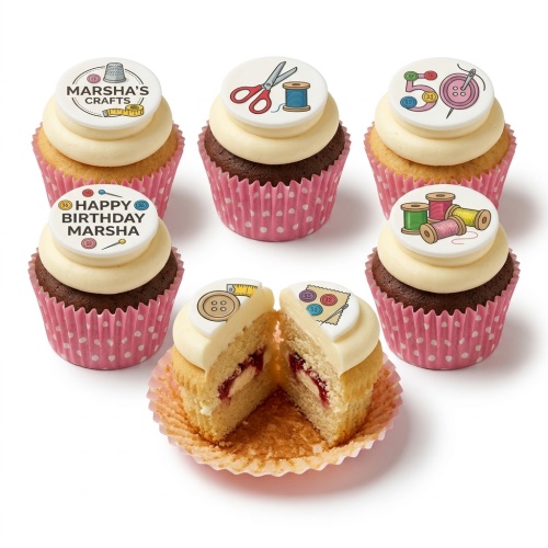 Cupcakes with white frosting and edible sewing-themed toppers, including scissors, thread, buttons, and a custom age topper.