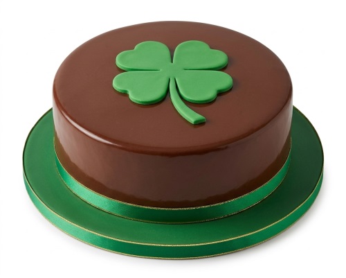Round chocolate glazed cake with a green shamrock decoration and green ribbon.