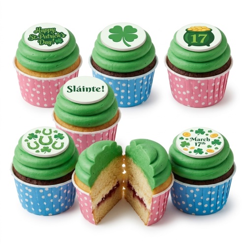 St. Patrick's Day cupcakes with green frosting and various Irish-themed edible toppers.